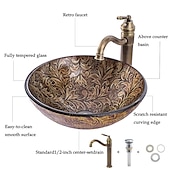 economico Lavabi da appoggio-lavabo da bagno vintage set rotondo 16,5 &quot;x5,7&quot;, miscelatore lavabo e scarico combinato con scarico a scomparsa, vasca per lavabo artistico in vetro temperato a forma di barca, lavabo da appoggio sopra il lavabo