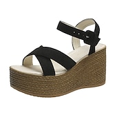 economico Sandali Casual-sandali con zeppa espadrillas da donna – scarpe estive con cinturino e plateau in pelle scamosciata verde oliva con chiusura a fibbia, stile casual da spiaggia e da vacanza