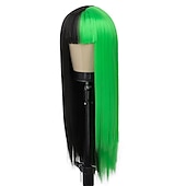 billige Karnevalsparykker-Kaneles halv svart halv grønn parykk lang rett hår med bangs cosplay naturlig bølgete parykk jenter cosplay fest show Halloween parykker