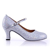 billiga Ballroom-skor och dansskor för modern dans-sällskapsdansskor med glitter i silver med mockasula – eleganta klackar för latin, salsa och performancedans