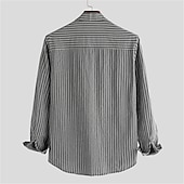 お買い得  ビジネスカジュアル-男性用 コットンリネンシャツ チャイナカラーシャツ マンダリンカラーシャツ サマーシャツ ビーチシャツ ストライプシャツ ストライプ バケーション ストリート ブラック ホワイト グレー 長袖 スタンド 春 &amp; 秋 衣類 ボタンダウン