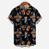 abordables Camisetas de Halloween-Hombre Cráneos Camisa Mangas cortas Moda Design Casual Exterior Víspera de Todos los Santos Calle Verano Primavera Cuello Vuelto Estampado Abotonar Azul Marino Azul Piscina Morado Verde Trébol
