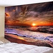 billige Havstrand Teppe-veggteppe art deco teppe gardin piknik bordduk hengende hjem soverom stue sovesal dekorasjon polyester fiber strand serie kokosnøtt tre hvit sky solnedgang glød solnedgang tidevann