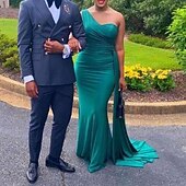 cheap Bridesmaid Dresses-Mermaid / Trumpet Bridesmaid Dress One Shoulder Sleeveless Elegant Sweep / Brush Train Spandex with Draping / Solid Color 2022