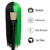 billige Karnevalsparykker-Kaneles halv svart halv grønn parykk lang rett hår med bangs cosplay naturlig bølgete parykk jenter cosplay fest show Halloween parykker