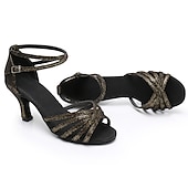 cheap Latin Shoes-Women&#039;s Black Glitter Latin Dance Shoes – Strappy Open-Toe Ballroom Heels with Ankle Strap and Comfortable Suede Sole, Perfect for Salsa, Latin, and Tango Dancing
