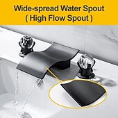 economico Multiforo-rubinetto del lavandino del bagno con due maniglie a manopola in cristallo cascata nero opaco/cromo montato sul ponte rubinetti del bagno a 3 fori diffusi per vasca o lavabo
