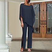 preiswerte Hosenanzüge für Mama-Zweiteiliges Jumpsuit  Anzug Mutter der Braut Hochzeitsgast elegant Plus Size Juwelenausschnitt bodenlang Chiffon Kurzarm mit Pailletten-Rüschen individuelle Größe kostenlos