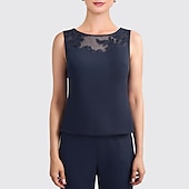 abordables Costumes-pantalons pour maman-Salopette  pantalon 3 pièces mère de la mariée invité au mariage formel élégant grande taille col bijou longueur de sol en chiffon dentelle sans manches avec appliques taille personnalisée gratuite