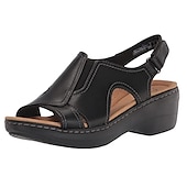 voordelige Comfortsandalen-dames bruine slingback sandalen van imitatieleer met uitsparingen en sleehak - comfortabele zomerwandelschoenen
