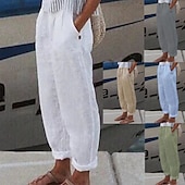 baratos Calças de Luxo-Mulheres Calça verão 100% Algodão Cintura Alta Côr Sólida Perna larga Secagem Rápida Macio Respirável Micro-Elástica Casual Atlético Roupa Esportiva Branco Azul Verde Cáqui Primavera Outono Ajuste