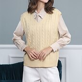 baratos Cores Sólidas-Colete de suéter de venda imperdível amazon europeu e americano moda casual sem mangas cabo suéter com decote em v colete de malha feminino