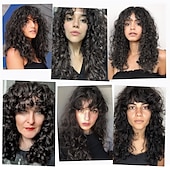 economico Parrucche di altissima qualità-parrucca riccia con frangia per le donne-lonai lunghe parrucche crespi color cioccolato da 23 pollici con frangia sottile ricci splendida parrucca sintetica shag per uso quotidiano party cosplay