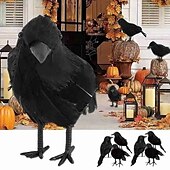 abordables Decoraciones Colgantes y de Mesa para Halloween-halloween cuervo negro accesorios simulación flocado cuervo fiesta suministros ornamento decoración