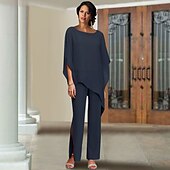 preiswerte Hosenanzüge für Mama-Zweiteiliges Jumpsuit  Anzug Mutter der Braut Hochzeitsgast elegant Plus Size Juwelenausschnitt bodenlang Chiffon Kurzarm mit Pailletten-Rüschen individuelle Größe kostenlos