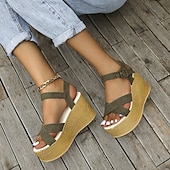 economico Sandali Casual-sandali con zeppa espadrillas da donna – scarpe estive con cinturino e plateau in pelle scamosciata verde oliva con chiusura a fibbia, stile casual da spiaggia e da vacanza