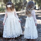 cheap Flower Girl&#039;s Dresses-Kids Girls&#039; Flower Girl Dress Dress Solid Colored Long Sleeve Wedding Party Daily Lace Mesh Embroidered Cute Princess Cotton Maxi A Line Dress Tulle Dress Fall Winter 3-12 Years White Beige