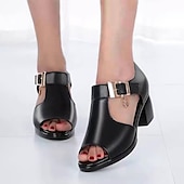 preiswerte Kleidungs-Sandalen-Damen Sandalen Blockabsatz Sandalen Täglich Strand Feste Farbe Sommer Blockabsatz Peep Toe Vintage Klassisch Brautkleider schlicht PU Leder PU Knöchelriemen Schwarz Hellgrau