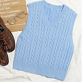baratos Cores Sólidas-Colete de suéter de venda imperdível amazon europeu e americano moda casual sem mangas cabo suéter com decote em v colete de malha feminino