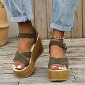 economico Sandali Casual-sandali con zeppa espadrillas da donna – scarpe estive con cinturino e plateau in pelle scamosciata verde oliva con chiusura a fibbia, stile casual da spiaggia e da vacanza