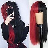 billige Karnevalsparykker-Kaneles halv svart halv grønn parykk lang rett hår med bangs cosplay naturlig bølgete parykk jenter cosplay fest show Halloween parykker