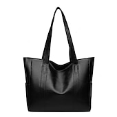 お買い得  ハンドバッグ＆トートバッグ-女性用大型ブラックフェイクレザートートバッグ - 仕事、旅行、日常使いに最適なスタイリッシュなショルダーハンドバッグ
