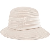 preiswerte Partyhut-elegante niedliche Faserstrohhüte mit Rüschen / Rüschen 1pc lässig / Urlaub / Teeparty-Kopfbedeckung / böhmische Strandstroh-Kopfbedeckung / Strohhüte mit Satinschleife lässig /
