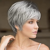 tanie starsza peruka-krótkie kręcone szare peruki pixie dla białych kobiet sliver szare warstwowe peruki syntetyczne naturalnie wyglądające pixie cut puszyste peruki z grzywką peruki świąteczne