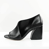 זול סנדלים עם עקב-סנדלי עקב צ'אנקי שחורים לנשים - משאבות אלגנטיות מעור מלאכותי פתוח למשרד ולמסיבה