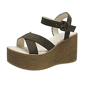 economico Sandali Casual-sandali con zeppa espadrillas da donna – scarpe estive con cinturino e plateau in pelle scamosciata verde oliva con chiusura a fibbia, stile casual da spiaggia e da vacanza