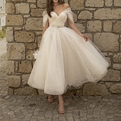 cheap Little White Dresses-TS A-Line Cocktail Dresses Elegant Dress Wedding Guest Graduation Tea Length Short Sleeve Off Shoulder Sequined with Sash / Ribbon Ruched Sequin 2025