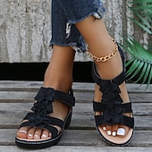 ieftine Sandale casual-Pentru femei Sandale Sandale Platformă Pantofi de confort În aer liber Zilnic Plajă Culoare solidă Floral Mată Vară Flori Toc Platformă Vârf deschis Clasic Casual PU piele Poliester Buclă Negru Alb