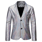 cheap Men&#039;s Classic Blazers-Men&#039;s Jacket Blazer Party Evening Bar Party Favor Vintage Skinny Polyester Stripes and Plaid Glitter Windproof Single Breasted Blazer Silver Gold Rainbow