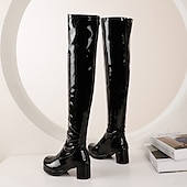 cheap Fashion Boots-Women&#039;s Black Patent Leather Over-the-Knee Boots with Chunky Heel, Stylish and Sleek for Night Out and Party Wear