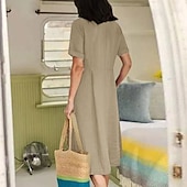 preiswerte Kleider-Damen Schwarz Weiß Armeegrün Sommer Frühling Herbst Maxikleid Leinen-inspirierte Kleider Freizeitkleid Baumwoll-Leinenkleid Elegant Basic Klassisch Outdoor Urlaub Täglich Normale Passform Einfarbig V