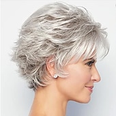 tanie starsza peruka-krótkie kręcone szare peruki pixie dla białych kobiet sliver szare warstwowe peruki syntetyczne naturalnie wyglądające pixie cut puszyste peruki z grzywką peruki świąteczne