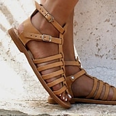 abordables Sandalias Informales-Mujer Sandalias Zapatos romanos Diario Playa Color sólido Verano Tacón Plano Dedo redondo Puntera abierta Vintage Clásico Cuero Sintético PU Sintéticos Hebilla Marrón Claro Negro Dorado