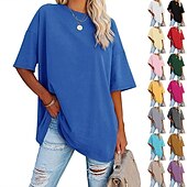 levne jednoduché tričko-dámské oblečení basic oversized trička s kulatým výstřihem jednobarevná nová barva rukáv s volným ramenem kulatý výstřih top s krátkým rukávem