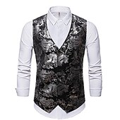 baratos Gilets-Homens Colete Gilet Casamento Festa Bagels à moda Confortável Verão Primavera Bolsos Poliéster Respirável Floral Não Trespassado Decote V Normal Prata Preto Azul Marinho Escuro Dourado Colete