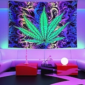 voordelige Blacklight wandtapijten-cannabisbladeren blacklight wandtapijt uv-reactief glow in the dark glow party neon psychedelisch trippy mistig hangend wandtapijt muurschildering voor woonkamer slaapkamer