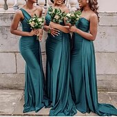 cheap Bridesmaid Dresses-Mermaid / Trumpet Bridesmaid Dress One Shoulder Sleeveless Elegant Sweep / Brush Train Spandex with Draping / Solid Color 2022