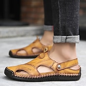 billiga Utomhussandaler-Herr Sandaler Lädersandaler Plusstorlekar Handgjorda skor Komfortskor Promenad Ledigt Strand Läder Andningsfunktion Loafers Spänne Mörkbrun Svart Brun Sommar Vår
