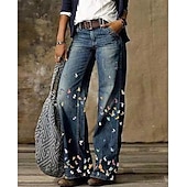 voordelige wijde pijpen en hoge taille-Dames Normaal Jeans Uitlopende broek Bell Bottom 3D-print Volledige lengte Medium Taille Bloem Zijzakken Breed Been Afdrukken Comfort Hoge Elasticiteit Casual 1 2 14 16 Zomer Lente &amp; Herfst Ruim