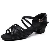 abordables Chaussures de danses latines-Chaussures de danse latine à talons bas et lanières pour femmes, couleur beige, avec semelle en daim souple – sandales de salon en satin respirant pour l&#039;entraînement et la performance