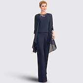 abordables Costumes-pantalons pour maman-Salopette  pantalon 3 pièces mère de la mariée invité au mariage formel élégant grande taille col bijou longueur de sol en chiffon dentelle sans manches avec appliques taille personnalisée gratuite