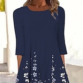 economico Abiti casual floreali-Per donna Vestito longuette Abito casual Vestito a trapezio Essenziale Esterno Da mare Giornaliero Standard Floreale Ditsy floreale Manica a 3/4 Girocollo Blu marino Estate Primavera