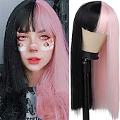 billige Karnevalsparykker-Kaneles halv svart halv grønn parykk lang rett hår med bangs cosplay naturlig bølgete parykk jenter cosplay fest show Halloween parykker