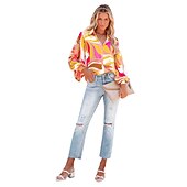 cheap Women&#039;s Graphic Tops-Women&#039;s Shirt Blouse Fashion Buttons Print Long Sleeve Regular Tops Shirt Collar Casual Blue Purple Green Gray Spring &amp;  Fall