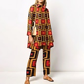 cheap Two Piece Sets-Women&#039;s 2 Pieces Streetwear Daily Neon &amp; Bright Shirt Pants Sets Wide Leg Pants Trousers Long Sleeve Shirt Collar Geometric Print Work Daily Pink Red Blue Fall &amp; Winter Regular Fit