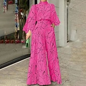 cheap Formal Jumpsuits-Women&#039;s Normal Jumpsuit Streetwear Floral Long Sleeve Stand Collar Pocket Print Daily Holiday Regular Fit Black White Pink Fall